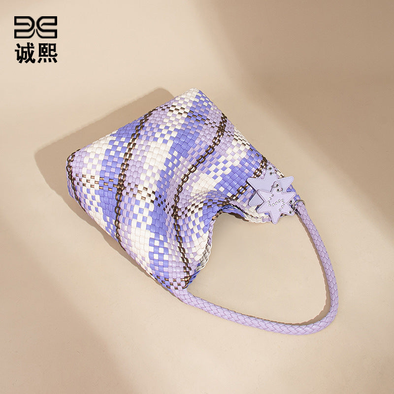 跨境新款拼色子母单肩托特女包大容量百搭腋下包全手工编织手提包