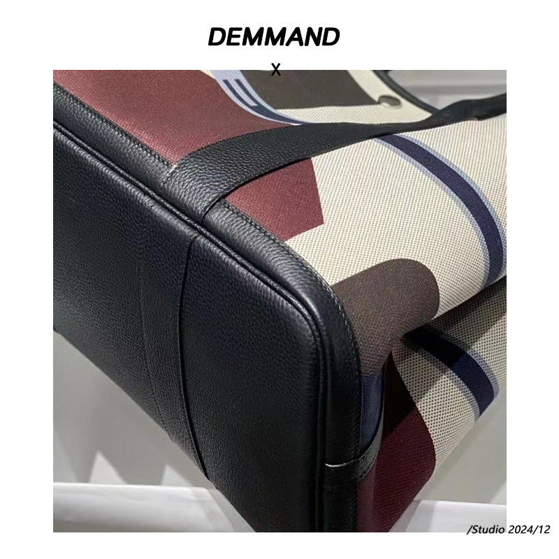 36寸涂鸦彩绘帆布拼接牛皮花园包2024新款大容量托特包单肩手提