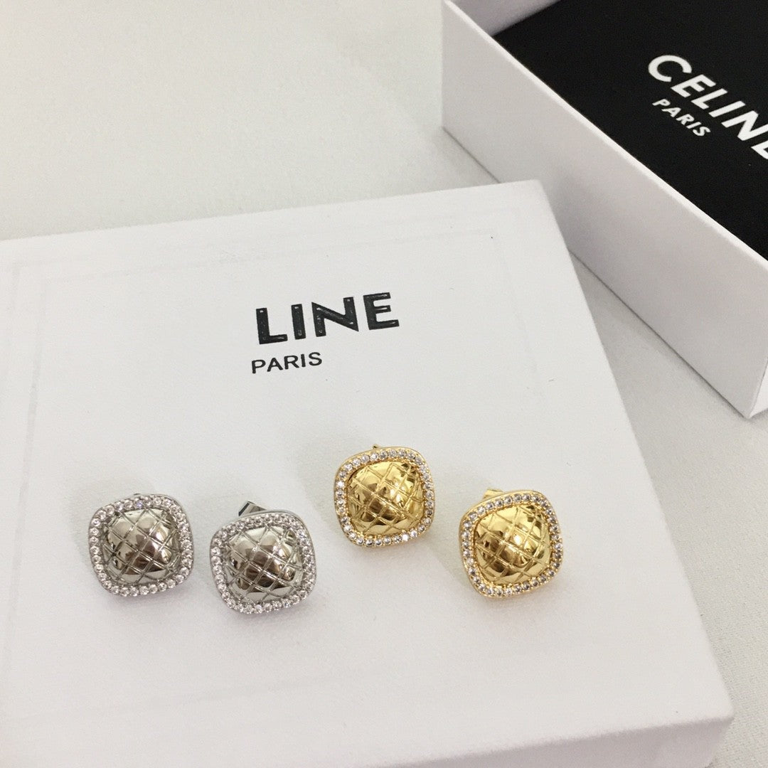 赛家新款几何方形微镶网状耳钉女潮港风ins耳饰四方镶钻格纹耳环