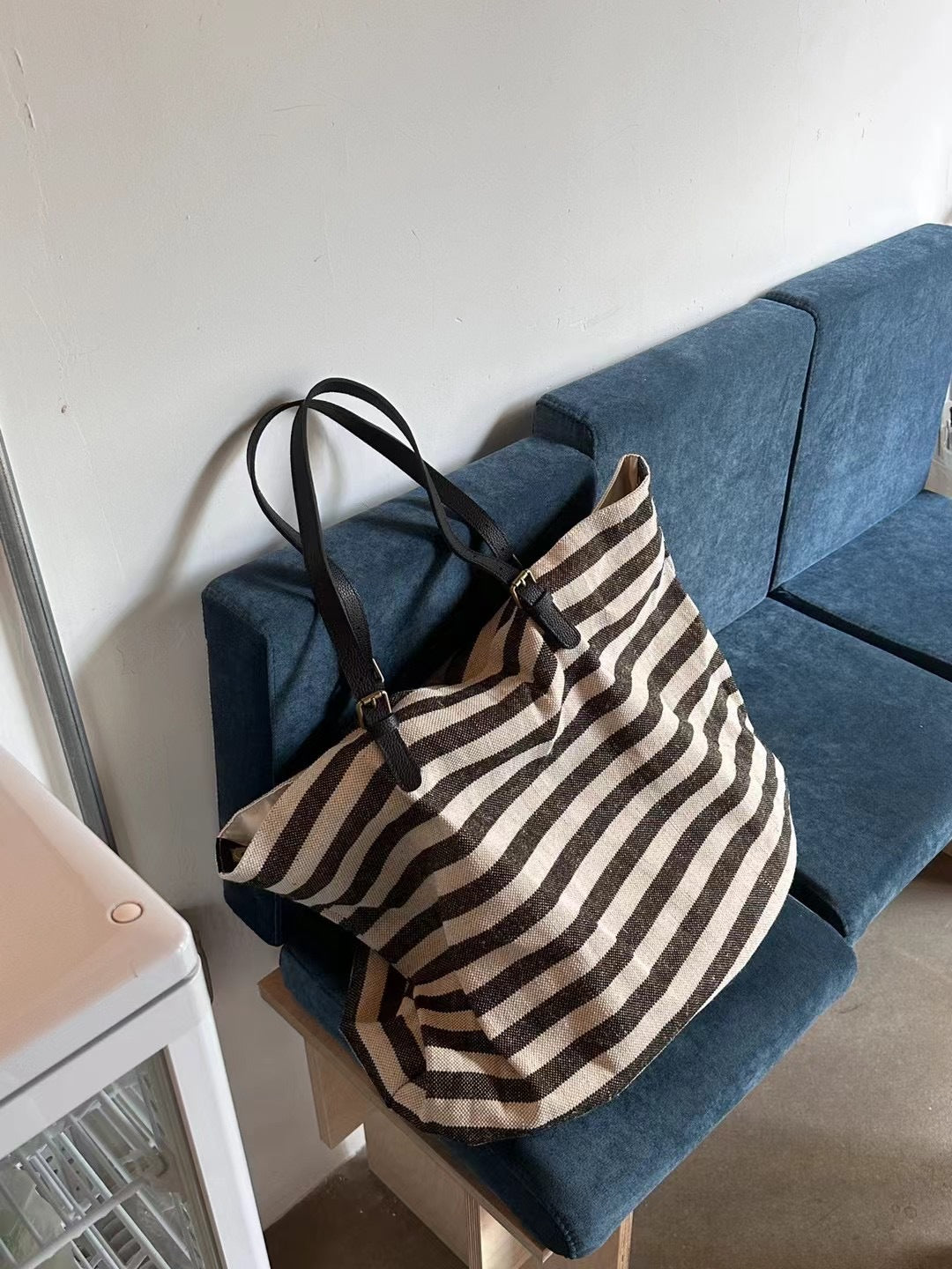 网红同款包包女士2024新款大容量条纹棉麻牛皮单肩托特包手提大包