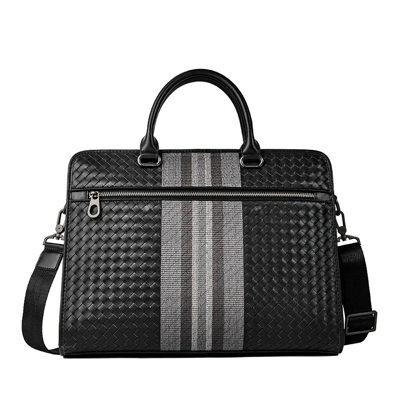 X&BV男士公文包商务手提包真皮编织男包单肩斜挎包牛皮电脑手拎包