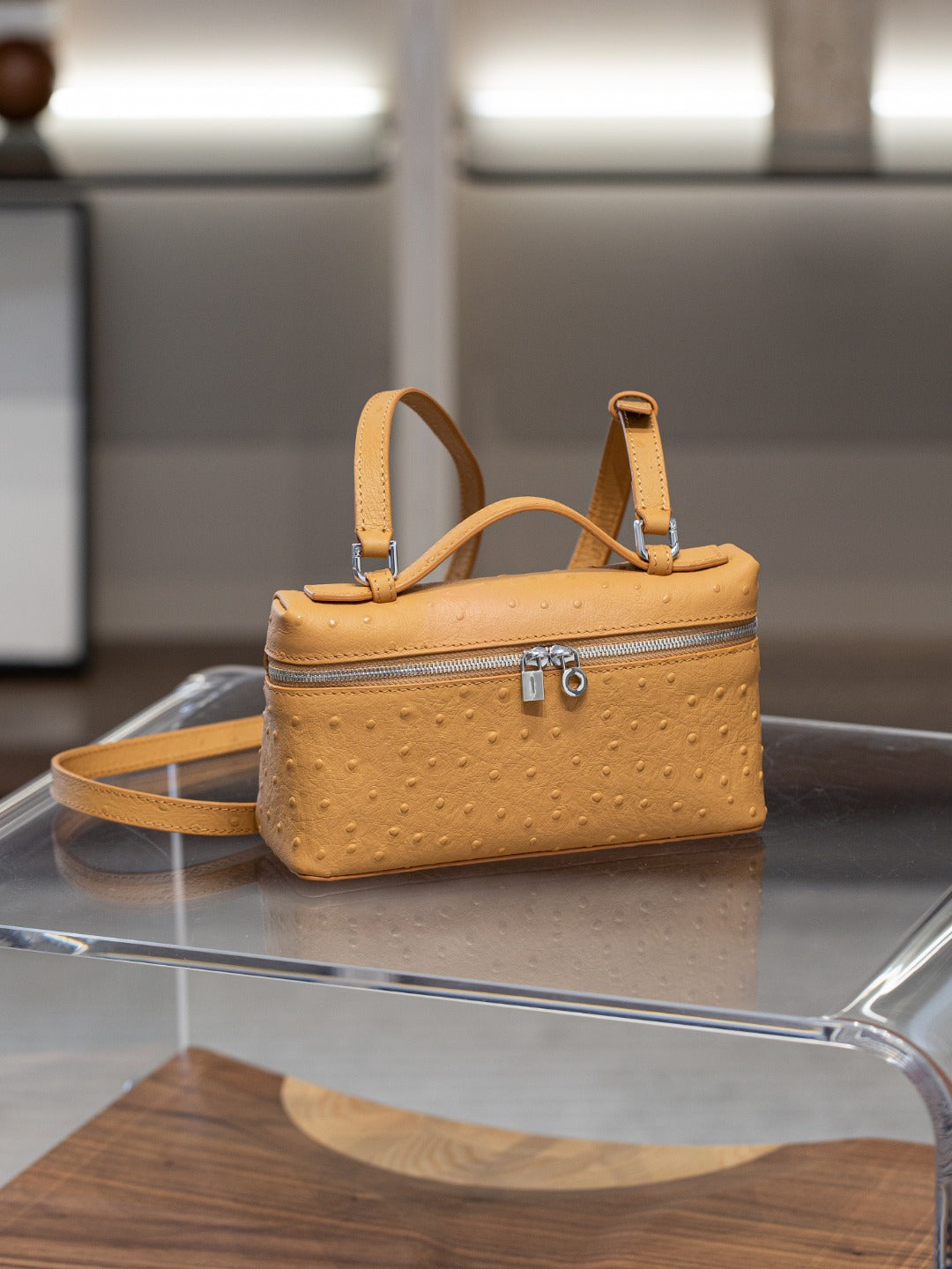 真皮lp包包 19饭盒包高级感鸵鸟纹手提盒子包百搭单肩斜挎小方包