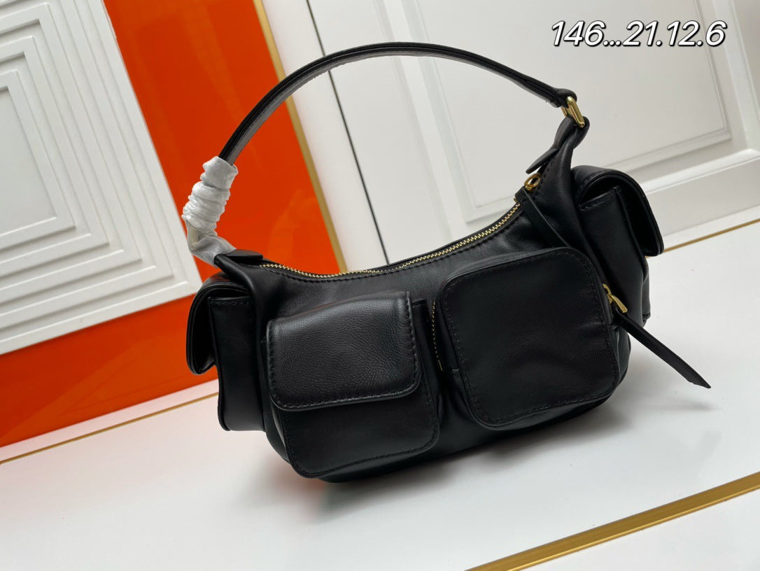 辣妹机车hobo羊皮cargo口袋腋下包复古百搭真皮法棍手提单肩女包