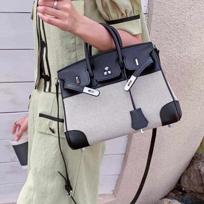 高品质时尚简约铂金包帆布拼接swift牛皮女包休闲桶包手提单肩包