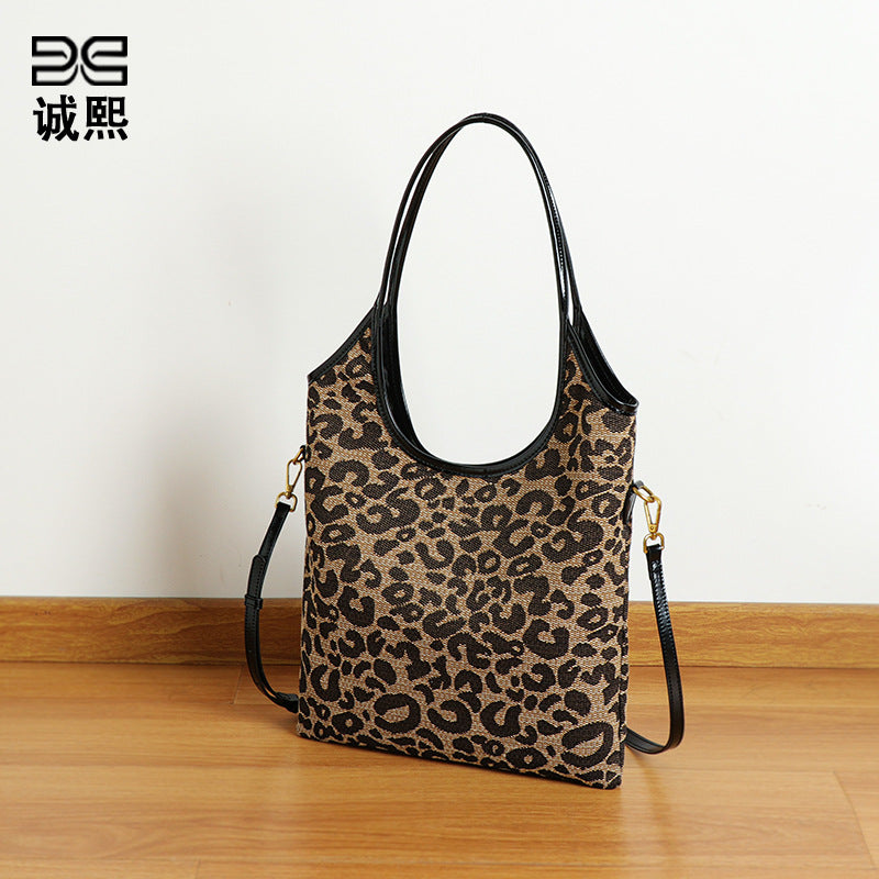 秋冬新款大容量豹纹包包欧美复古单肩托特包时尚潮流慵懒风腋下包