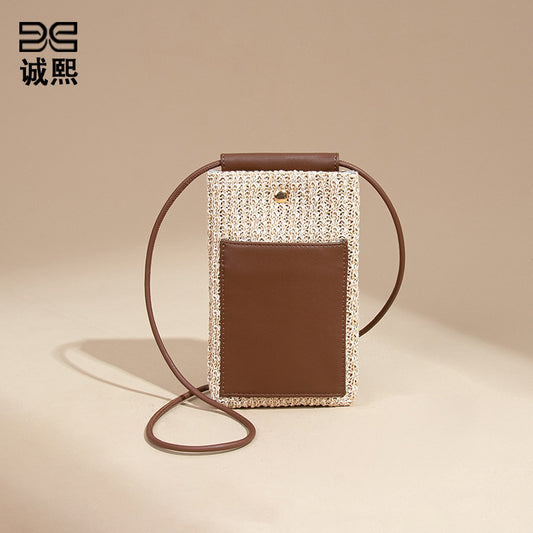 2025夏季新款拉菲草手机包清新百搭单肩斜挎包竖款时尚零钱袋小包