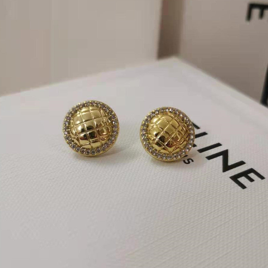 赛家新款耳钉女圆圈网纹帽子时尚气质潮流耳饰品金色格纹耳环女