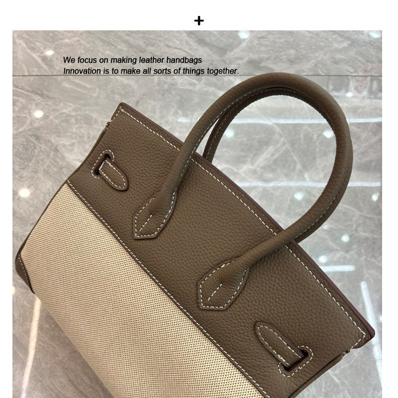 包包女2024新款潮手提包韩版时尚斜跨包女士牛皮配帆布铂金包包