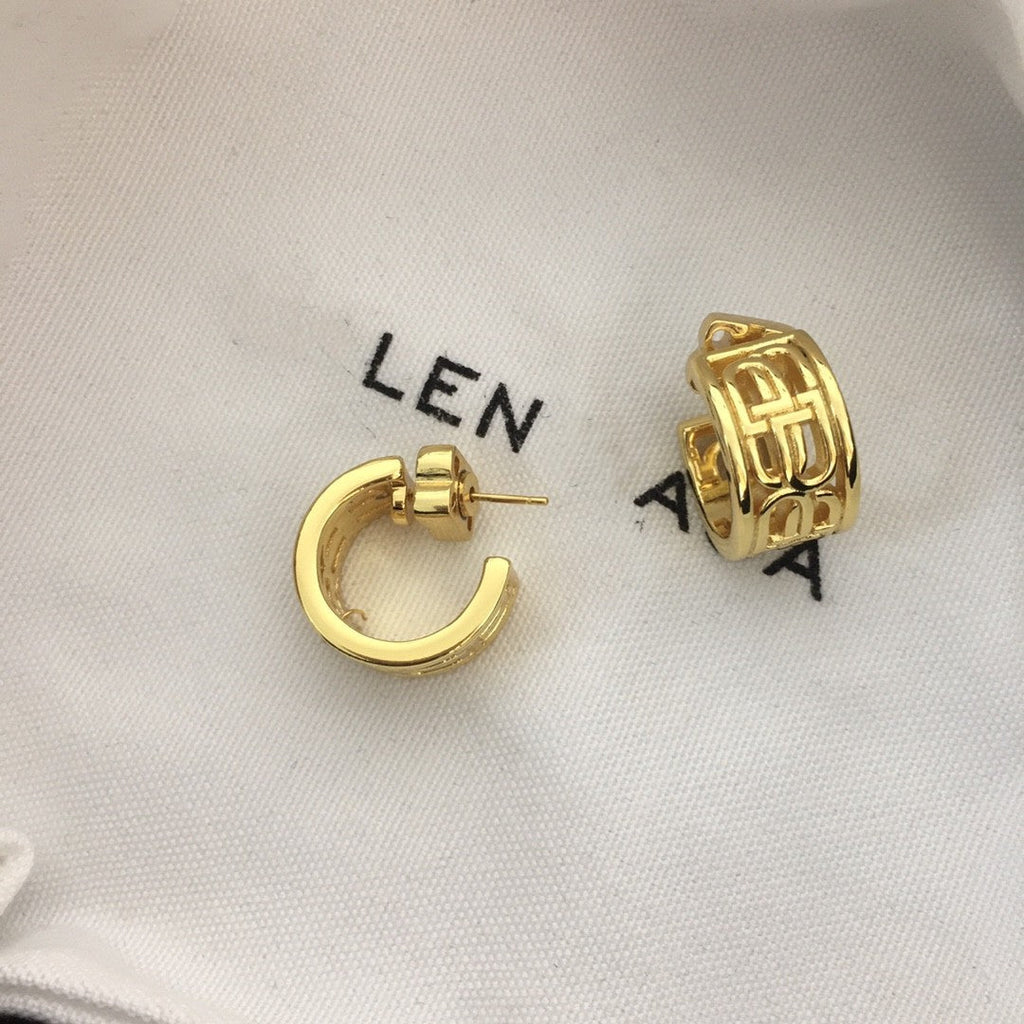 B家21新款C形耳钉女双B耳饰高级感气质小众耳饰光面镀金字母耳环