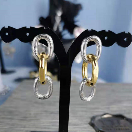 巴家新款链条耳环耳坠ins简约时尚复古拼色椭圆环三环扣耳钉女