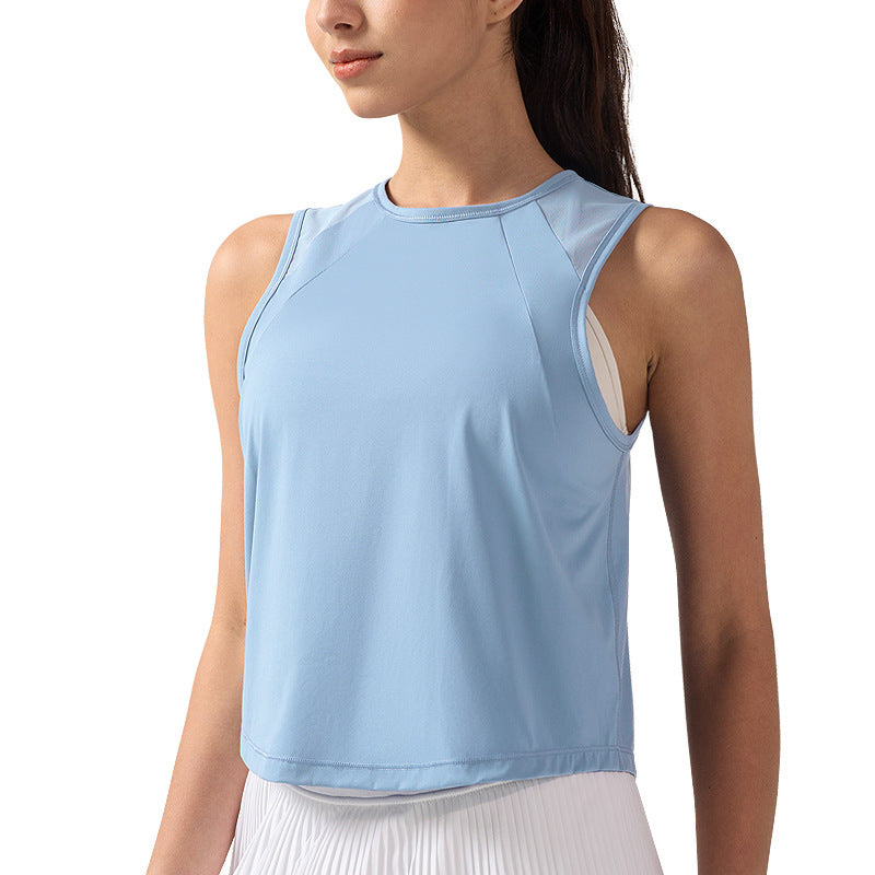 lulu短款运动背心女网纱芯吸速干透气无袖瑜伽服上衣休闲圆领罩衫