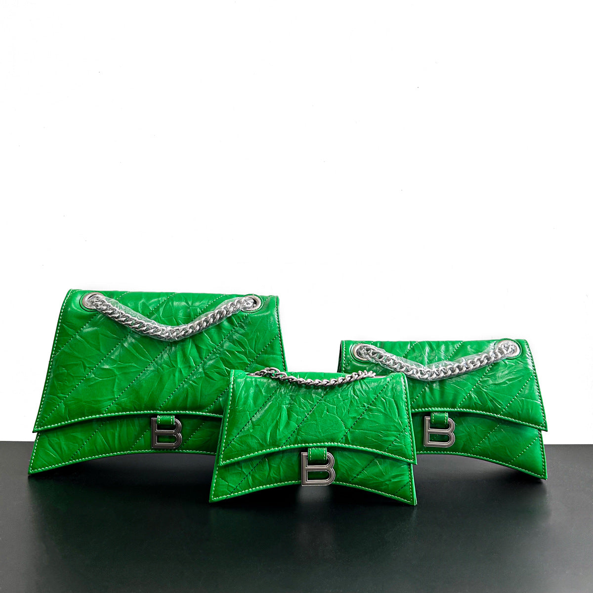 高级感头层牛皮沙漏包2023秋冬新款褶皱菱格链条包b家单肩斜挎女