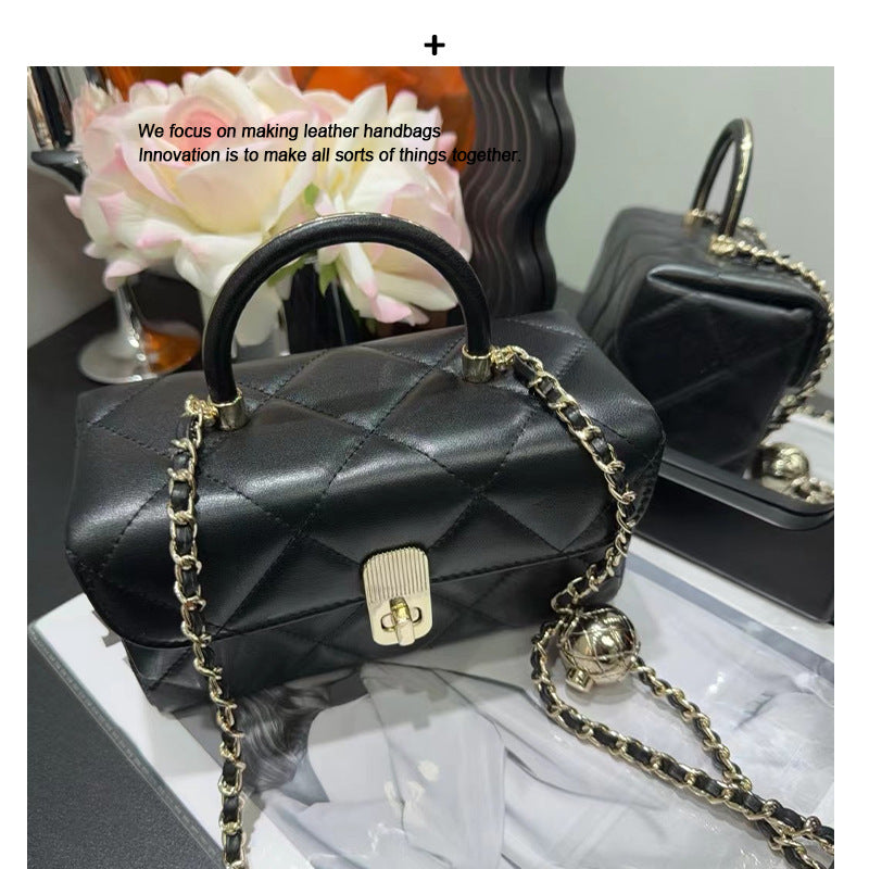 欧洲站真皮女包2024新款小众手提盒子包时尚高质感羊皮链条斜挎包