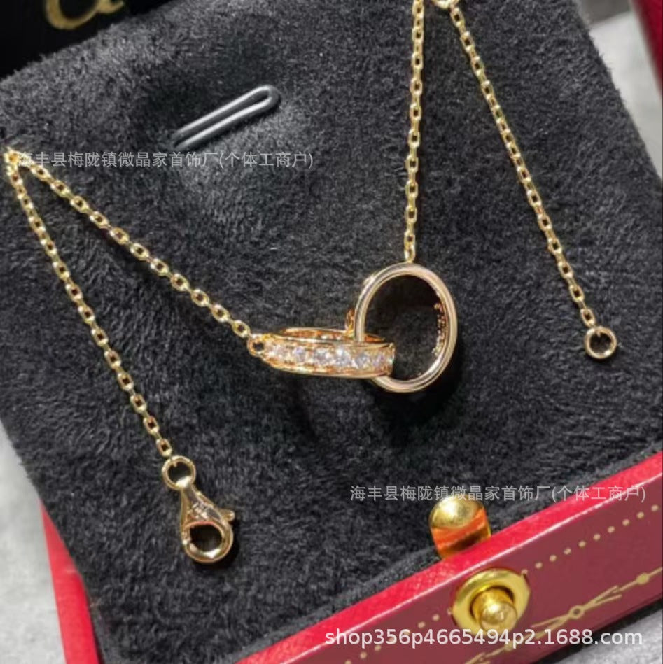 卡家高版本双环带钻项链S925银镀18K玫瑰金项链CNC精工厂家直销