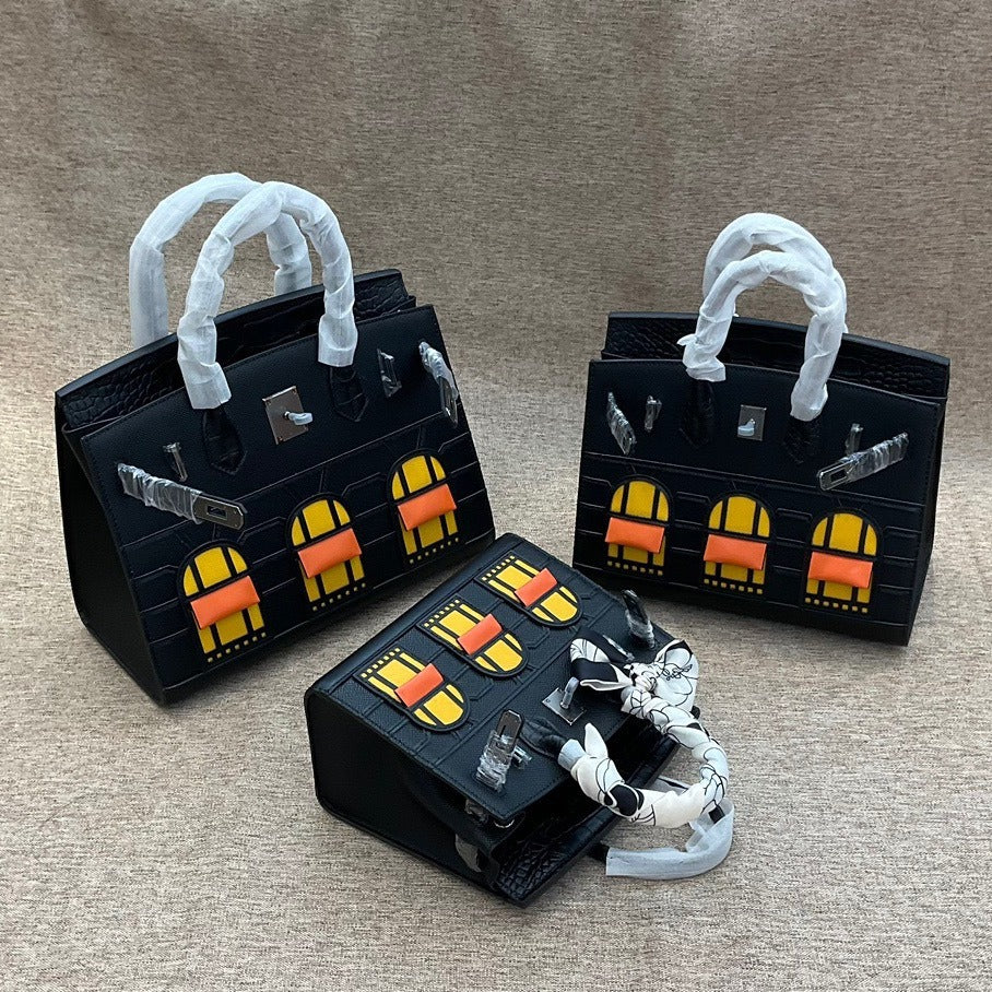 2024真皮手掌纹拼鳄鱼纹牛皮小房子包铂金包时尚拼色手提斜跨女包