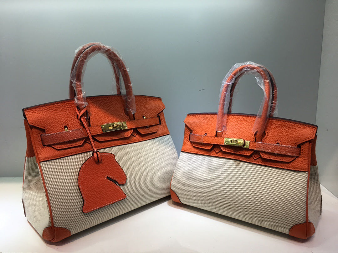 包包女2024新款潮手提包韩版时尚斜跨包女士牛皮配帆布铂金包包