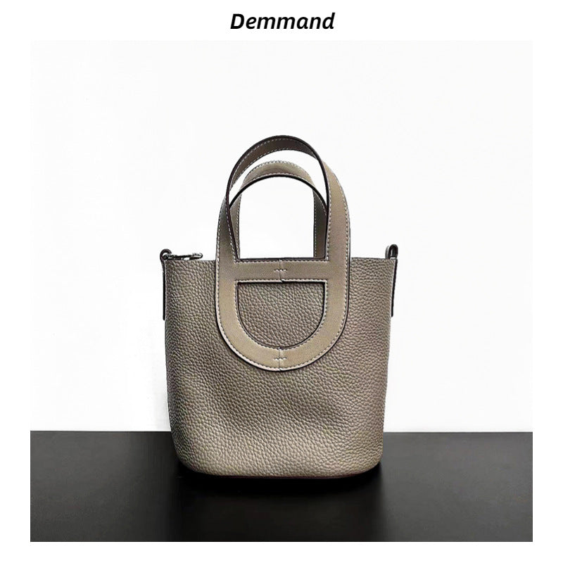 头层牛皮猪鼻子菜篮子包女手提水桶包大容量真皮单肩斜挎包轻奢