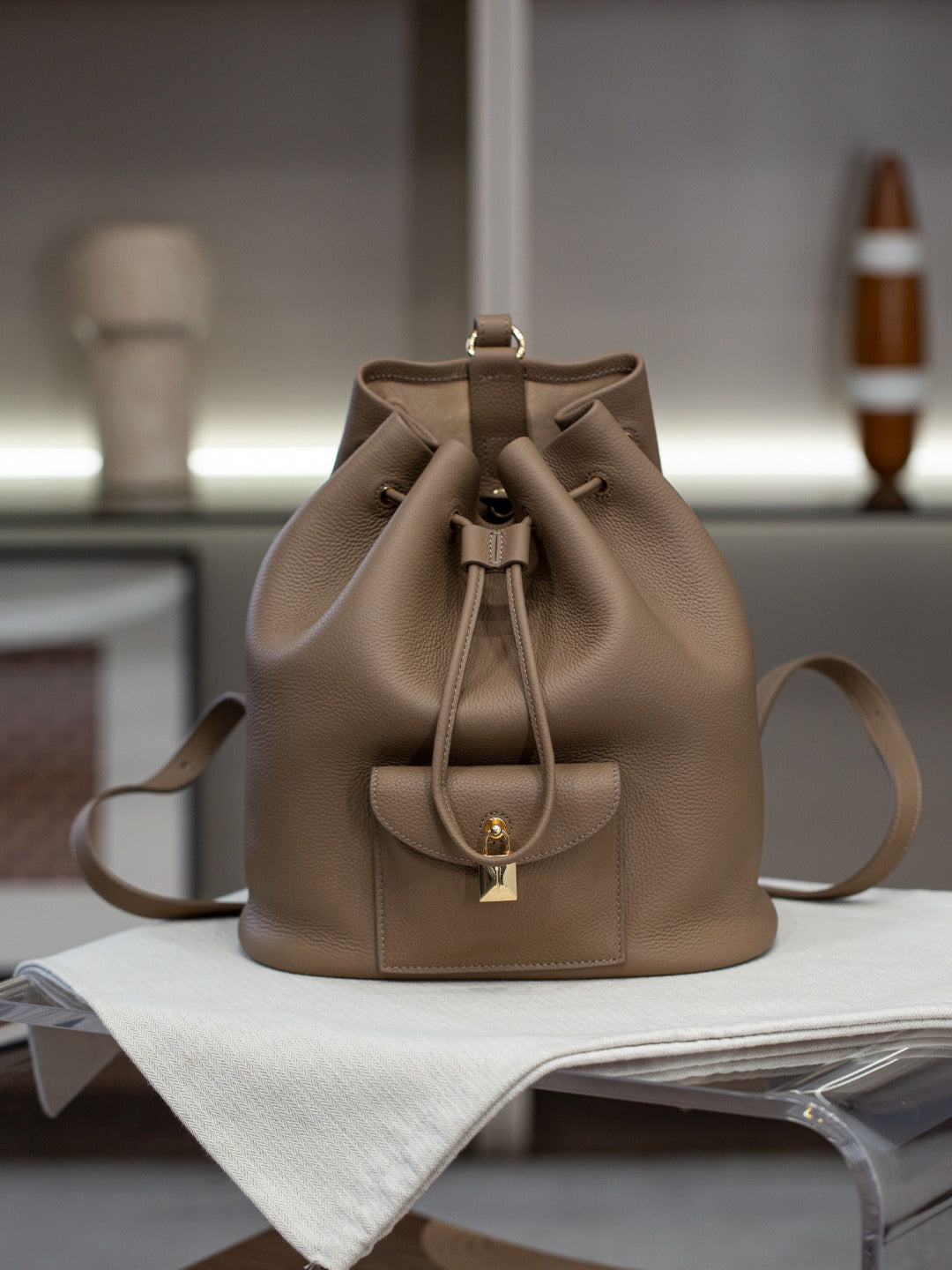 25春夏新款LP锁头抽绳双肩包extra大容量进口头层牛皮撞色单肩包