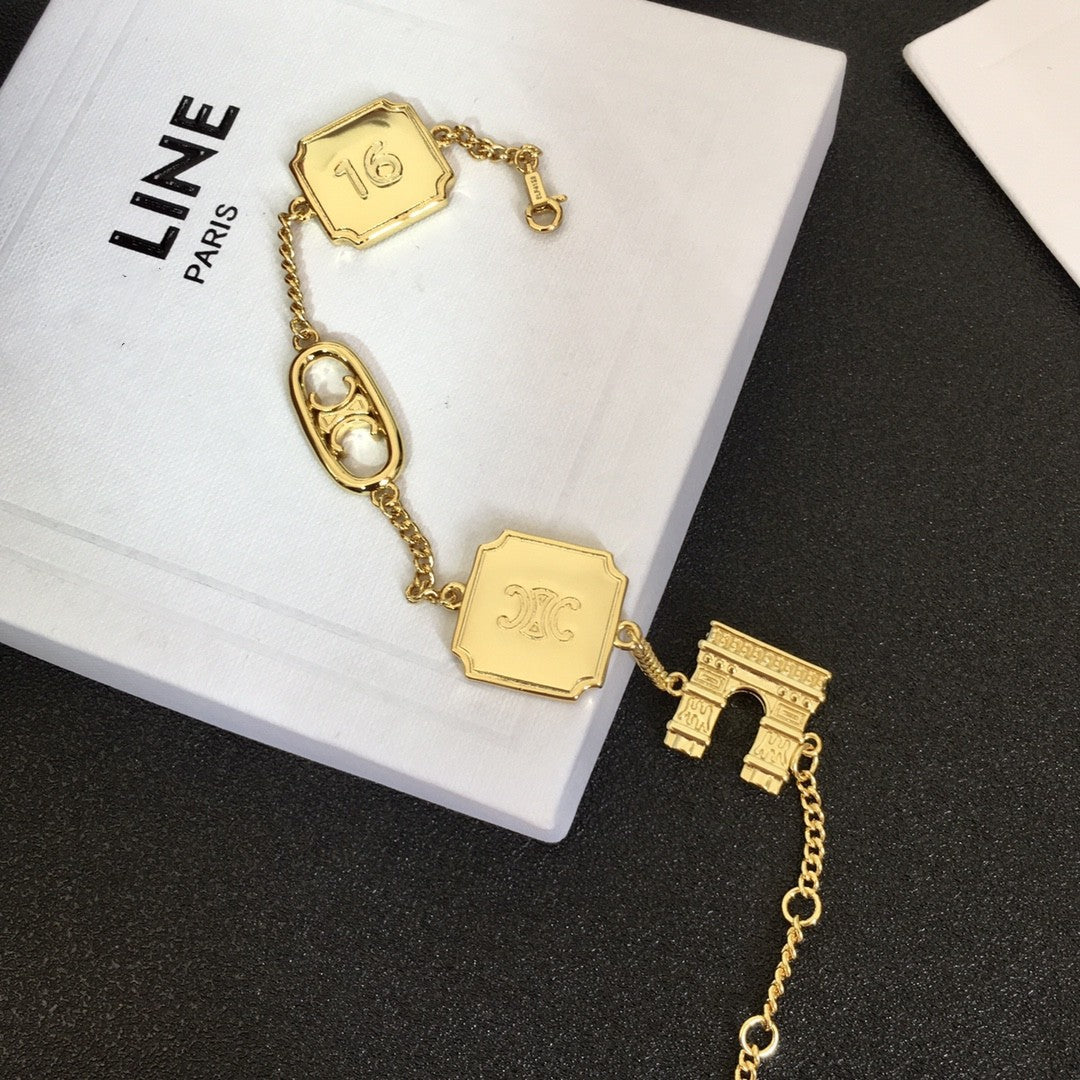 赛家新款项链手链立体凯旋门浮雕牌高级中古Vintag粗链条项链手链