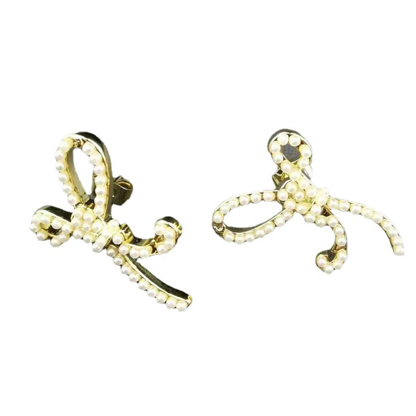 赛家新款耳钉女珍珠蝴蝶结精致INS风法式耳饰不规则蝴蝶结耳钉