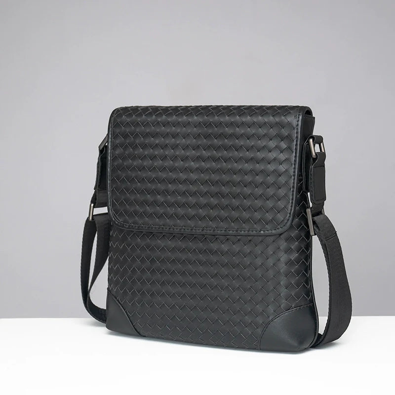 X&BV真皮男包单肩包新款竖款韩版商务休闲翻盖编织斜挎包男小背包