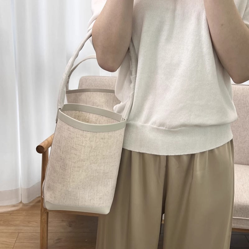 TR高定时尚休闲棉麻拼皮Tote水桶包简约大容量帆布包单肩托特包女