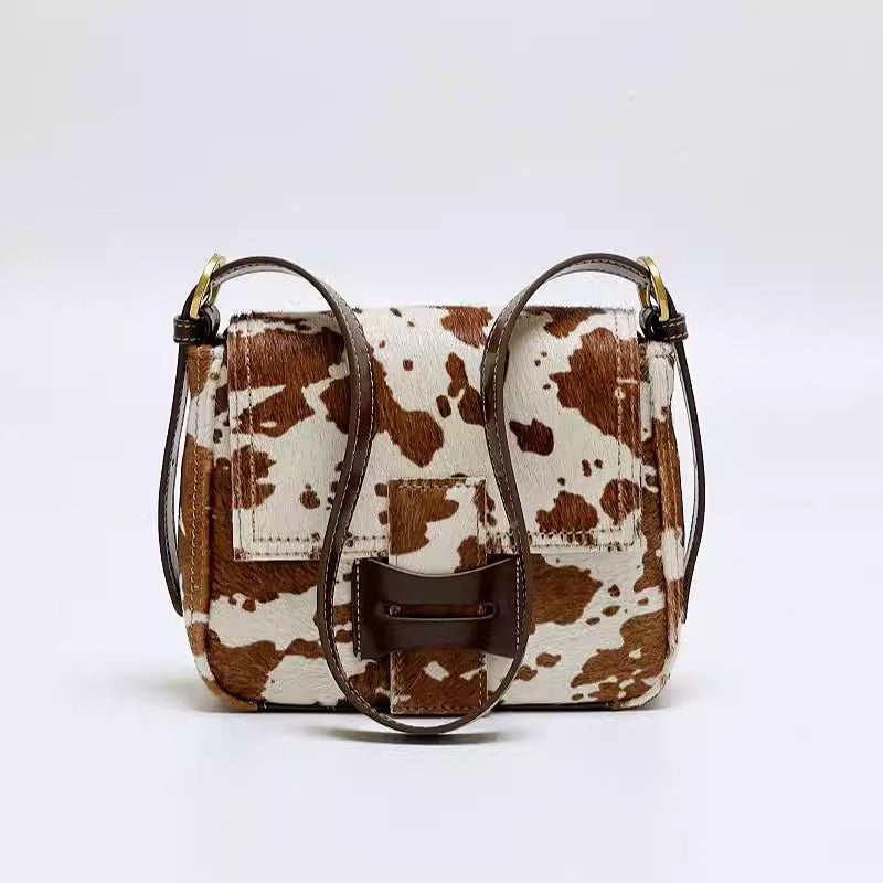 Get格纹头层马毛拼油蜡牛皮时髦又飒飒单肩女磨砂皮复古邮差包包