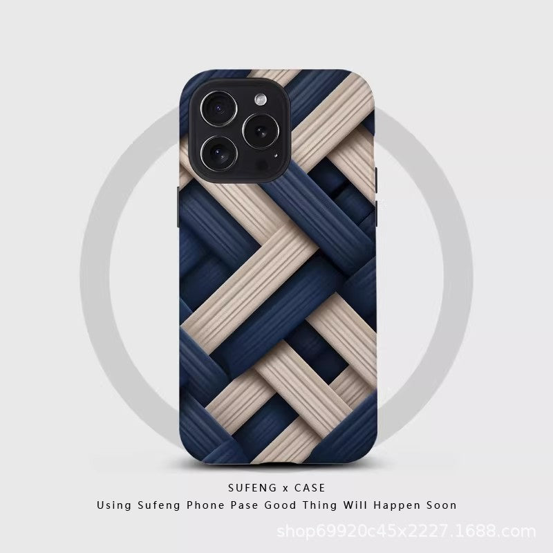 跨境蓝白编织条纹适用苹果17Promax手机壳iPhone16磁吸15菲林壳14