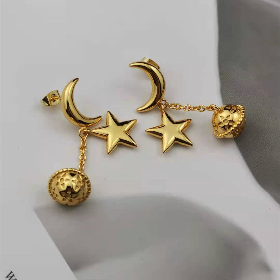 赛家新款月亮星球耳钉长款耳线高级感复古气质中古星星星球耳坠
