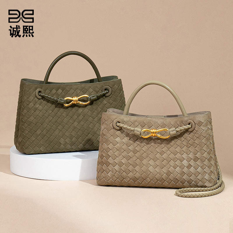 跨境新款手工编织包包横款磨砂麂皮绒手提女包复古潮流单肩斜跨包