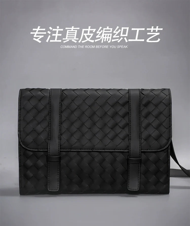 X&BV新款斜挎包男真皮编织商务休闲男士单肩包翻盖牛皮高级时尚牛
