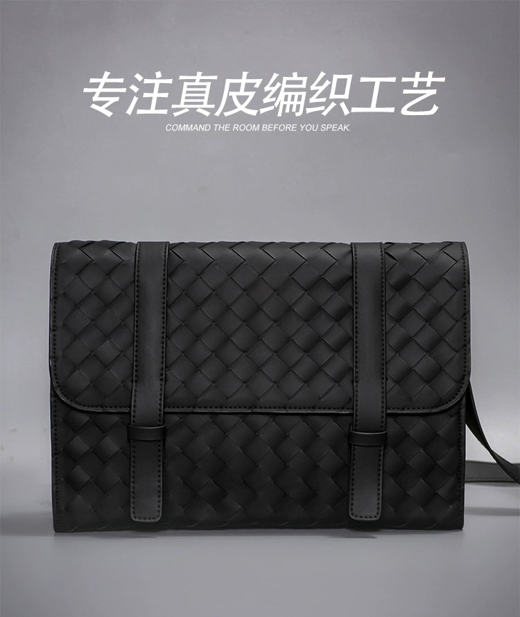 X&BV新款斜挎包男真皮编织商务休闲男士单肩包翻盖牛皮高级时尚牛