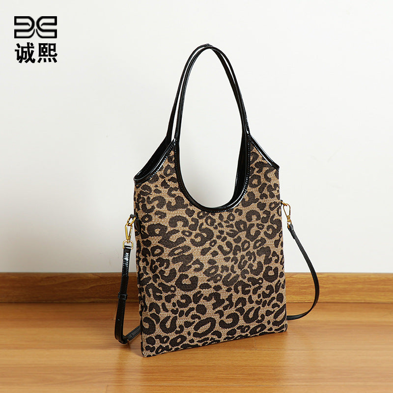 秋冬新款大容量豹纹包包欧美复古单肩托特包时尚潮流慵懒风腋下包
