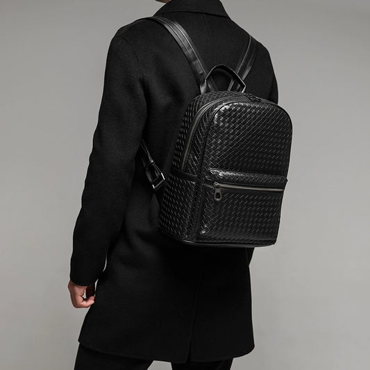 X&BV男士双肩包商务真皮时尚潮流背包出差旅行包编织男书包电脑包