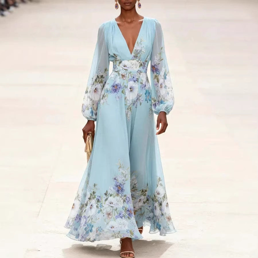 2026欧美女装 独立站 亚马逊 透视长袖V领数码印花长裙花朵连衣裙
