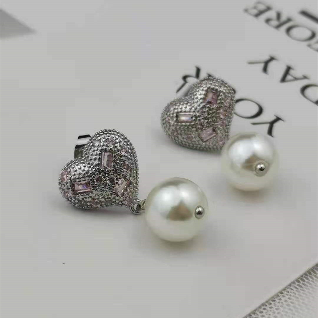 缪家21新款粉水晶心形珍珠耳环批发高级感气质几何形粉钻爱心耳钉