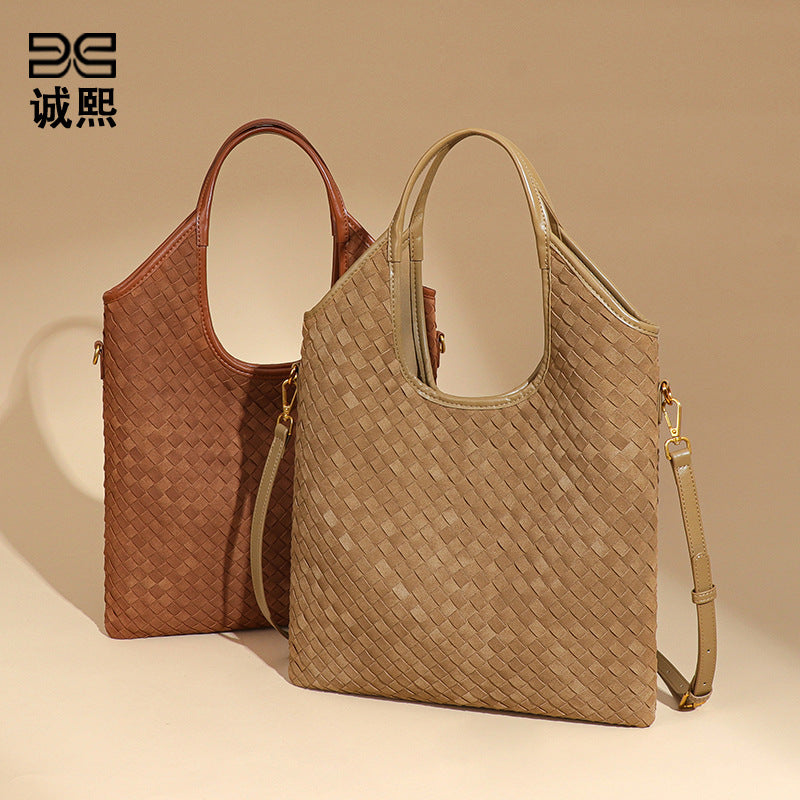 韩版时尚磨砂手提水桶包通勤大容量单肩腋下包新品麂皮绒托特女包