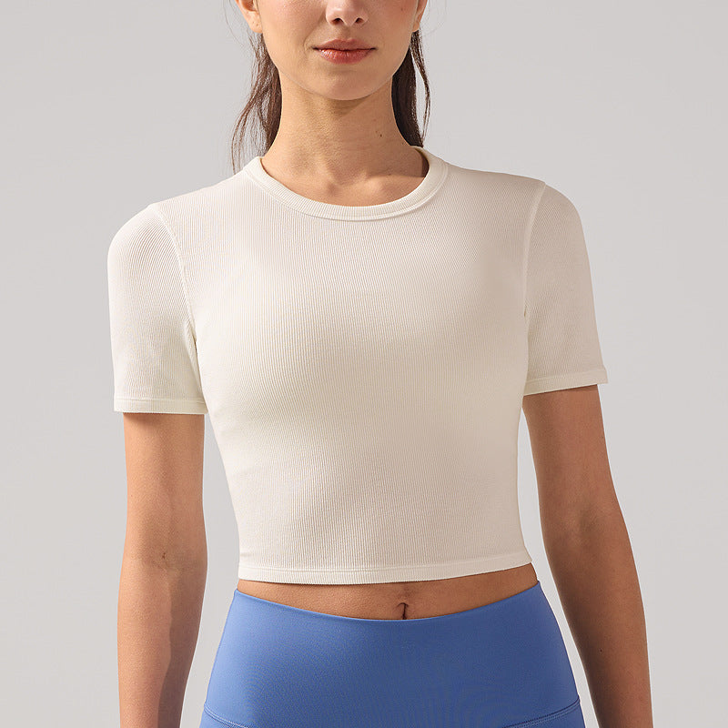 夏季圆领短袖T恤女露脐修身显瘦罗纹瑜伽服抗菌透气速干运动上衣