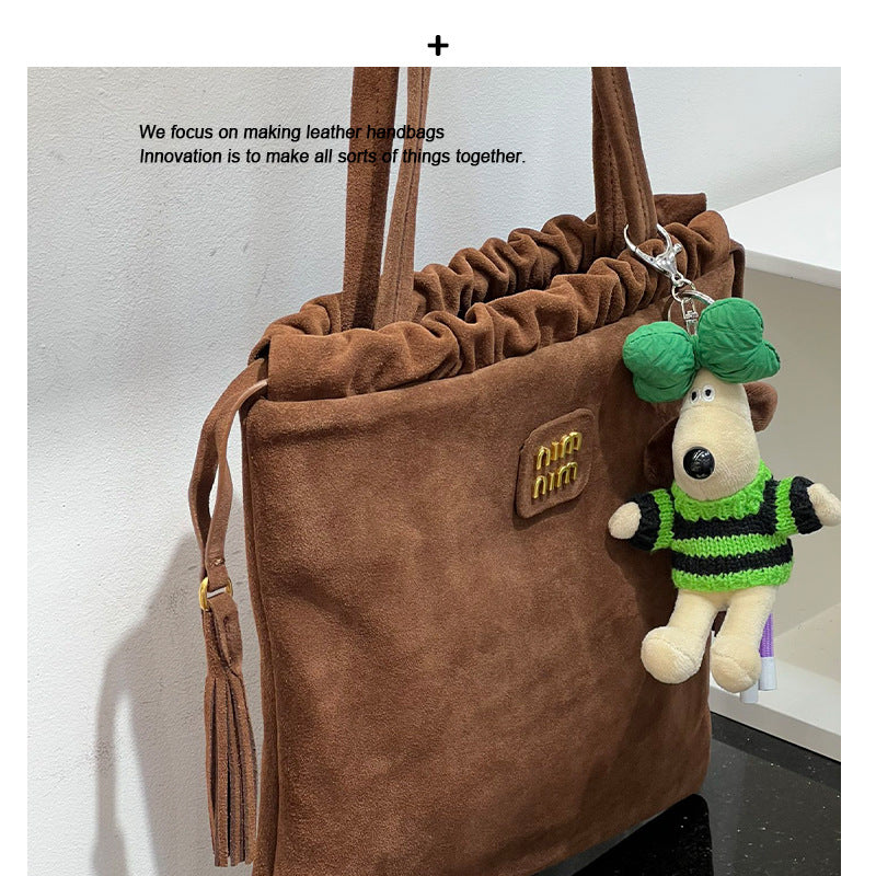 2024秋冬新款休闲百搭磨砂麂皮流苏单肩腋下包托特包包女包日韩潮