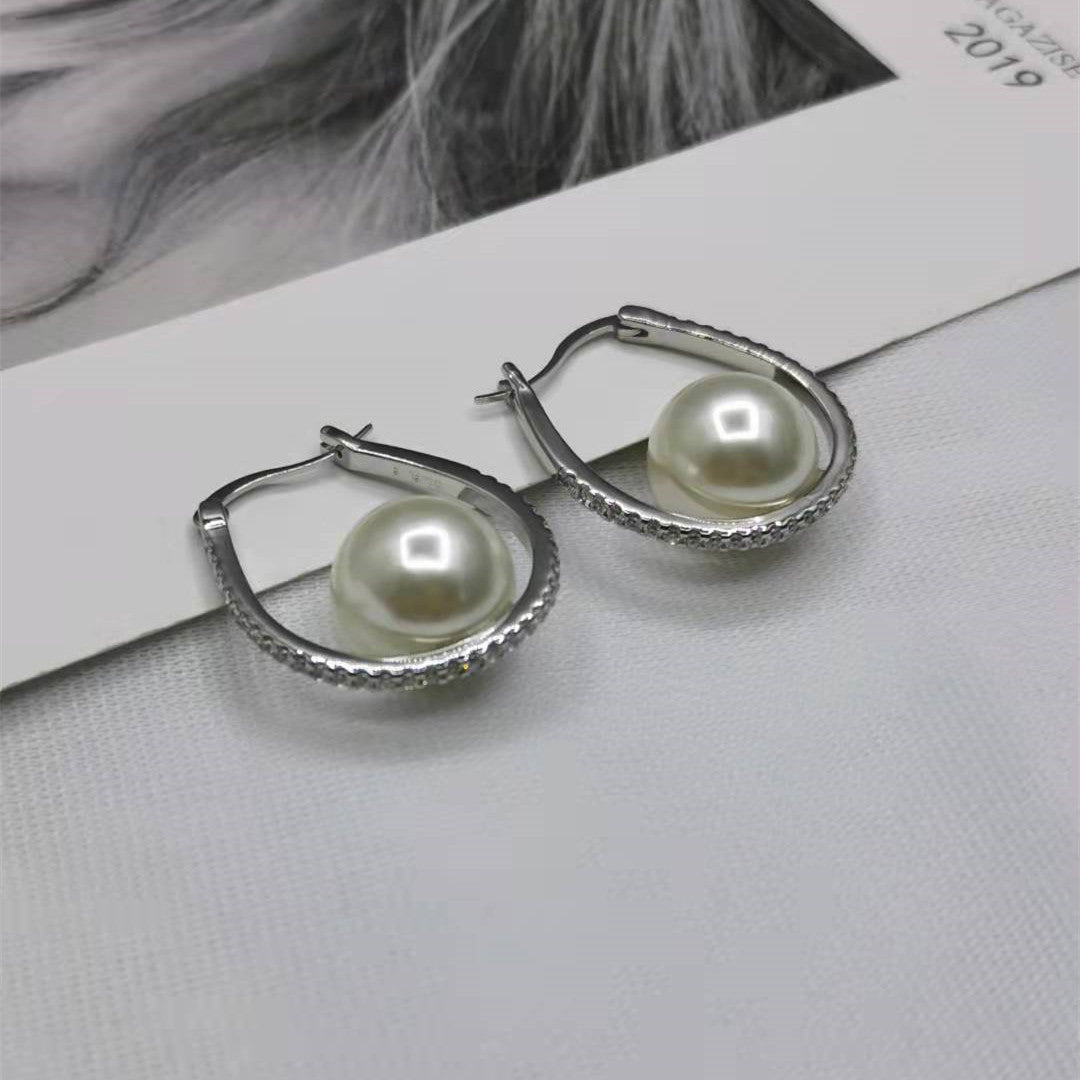 赛家21新款珍珠U形满钻耳环女高级感气质黑色珠几何椭圆形耳扣