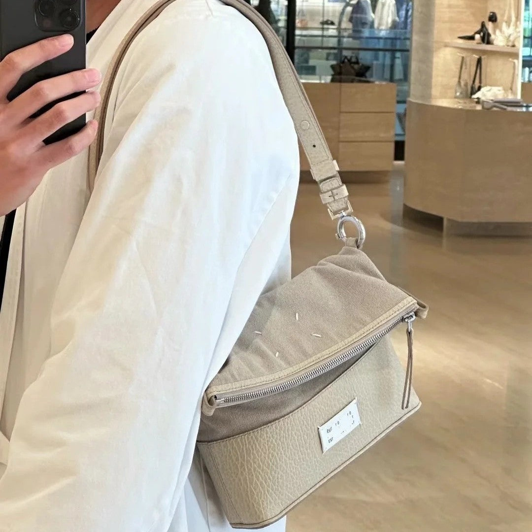 M6马吉5ac新款牛皮拼接帆布hobo腋下包高级感百搭单肩斜挎手机包