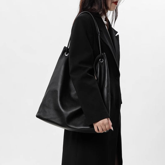 韩版潮慵懒简约头层牛皮大容量腋下包柔软通勤百搭休闲托特包代发