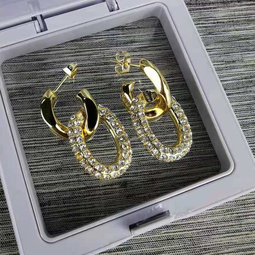 巴家新款双环闪钻耳钉复古高级感拼接个性洋气饰品可拆卸二戴耳环