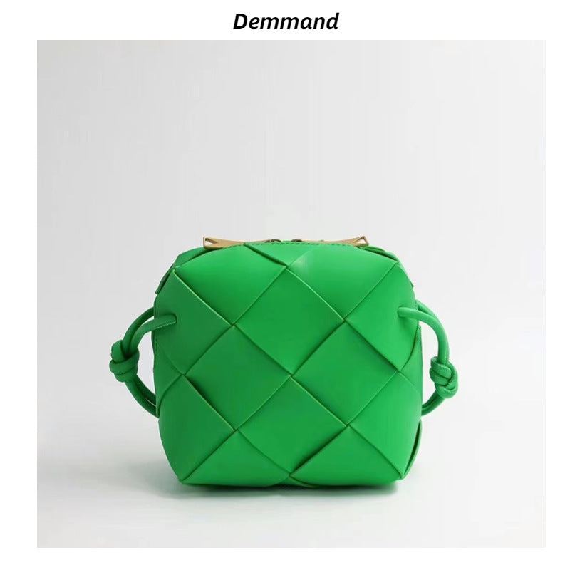 2022小香风菱格真皮手提斜挎包高级感编织包小方盒牛皮ins马鞍包