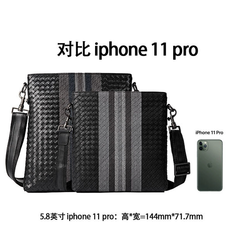 X&BV单肩包男真皮休闲男士斜挎包新潮竖款时尚牛皮编织男包小背包