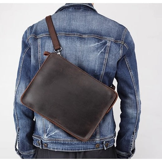 疯马皮牛皮单肩斜挎包男士手工真皮手拿复古ipad公文包A4文件袋女