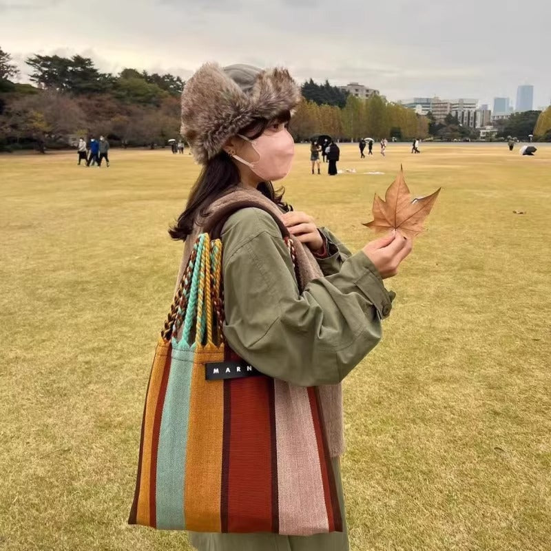 玛尼帆布吊床包针织条纹编织包大容量购物袋休闲单肩手提托特女包