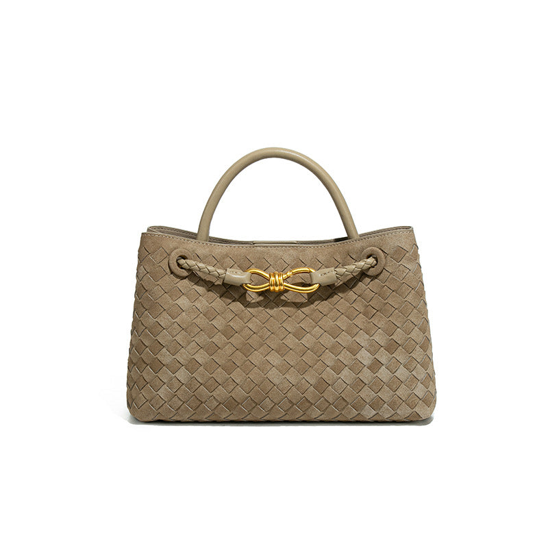 跨境新款手工编织包包横款磨砂麂皮绒手提女包复古潮流单肩斜跨包