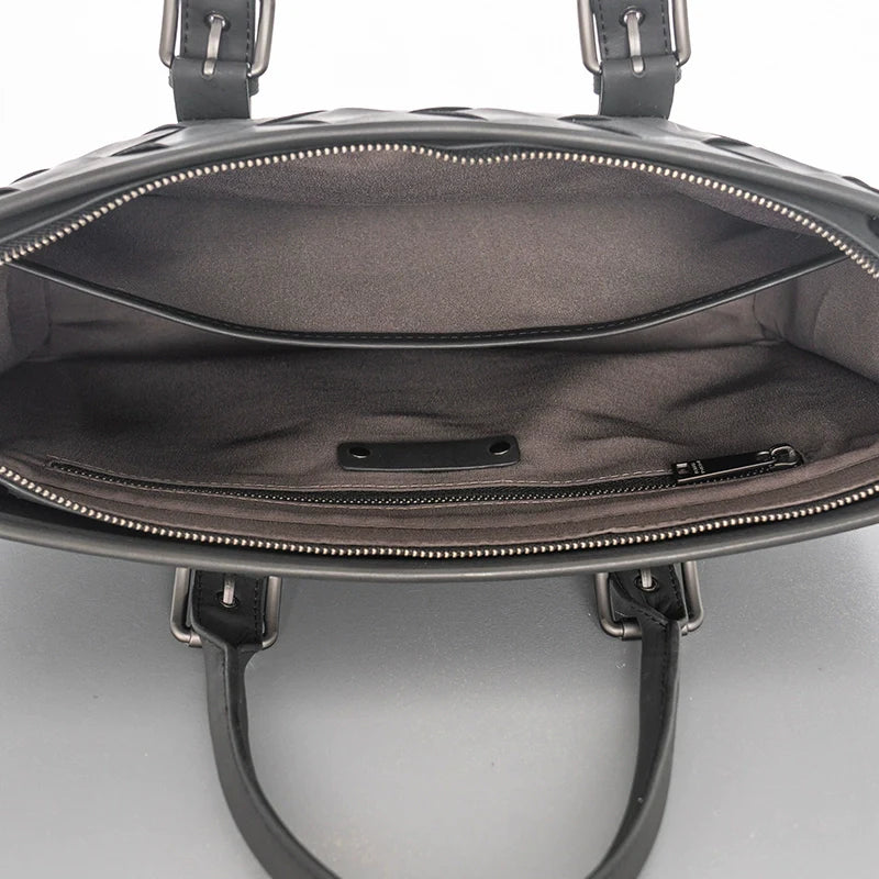 X&BV男包手提包商务真皮横款电脑包编织休闲单肩斜挎包男士公文包