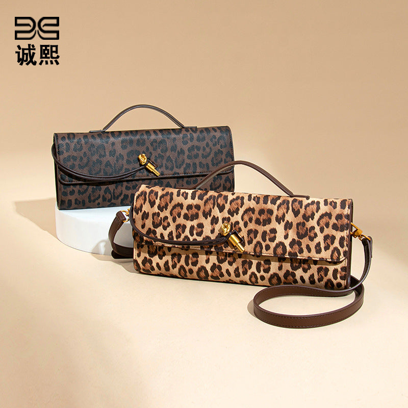 新品风琴横款手拿晚宴包复古豹纹潮流手拎女包单肩斜挎中古法棍包